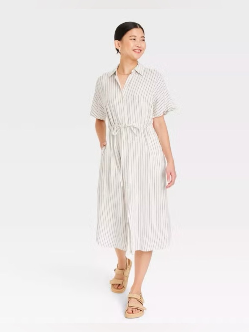 a new day Short Sleeve Linen Blend White Midi Shirt Button Dress Women’s S